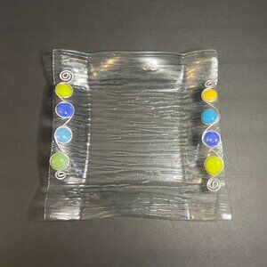 Hand Blown Rippled Glass Square Wire Wrapped Beaded Serving Platter Plate 8.5"